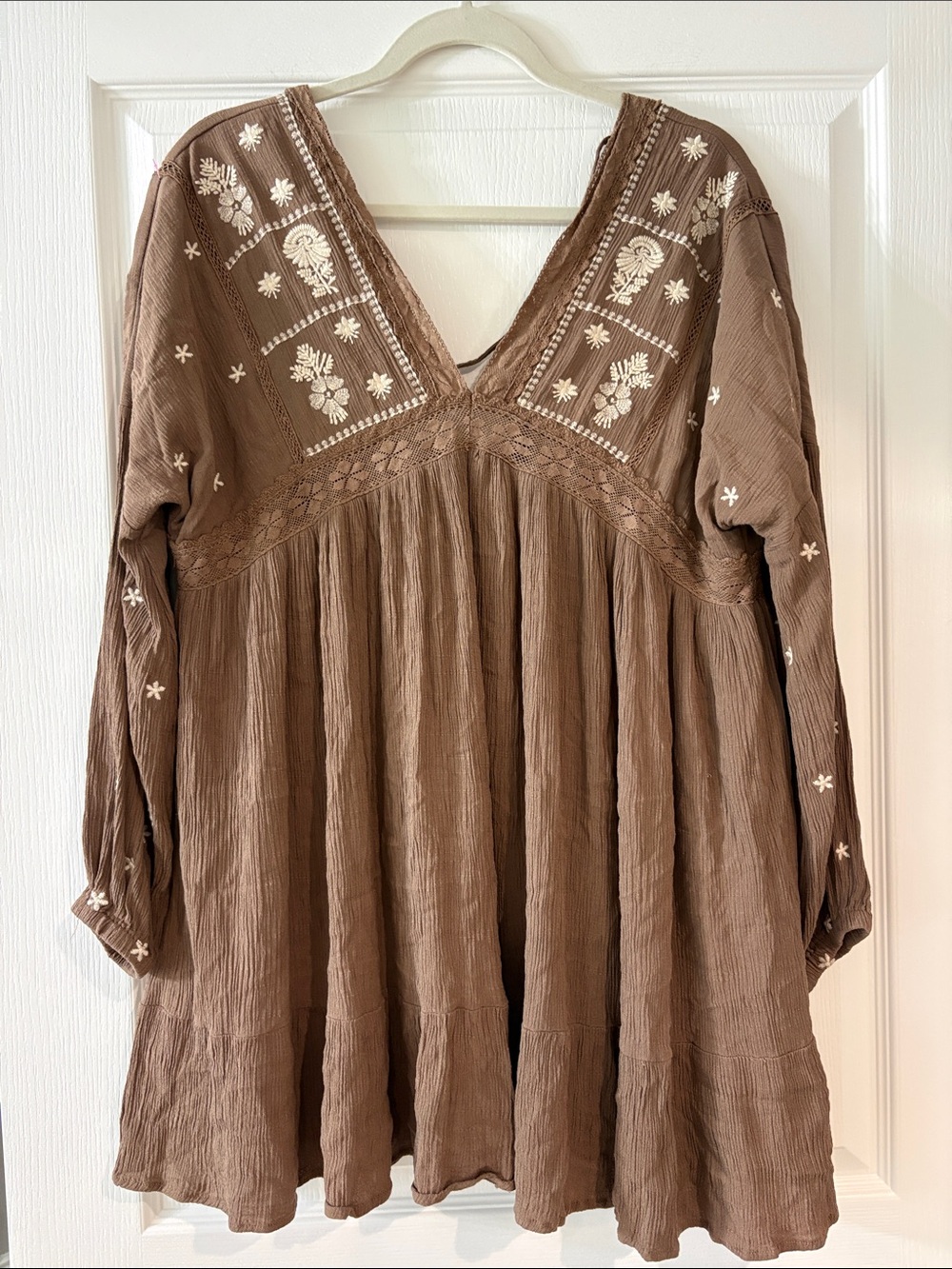 In Loom Brown Embroidered V-Neck Boho Tunic Dress